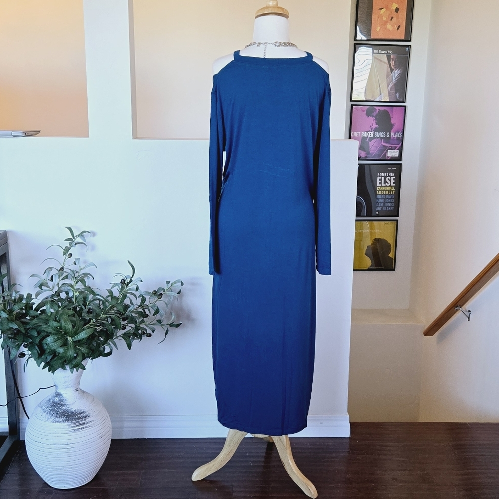 🏷️YANAK Cutout Teal Cotton Spandex Longsleeve Midi Dress XL - Picture 6 of 9